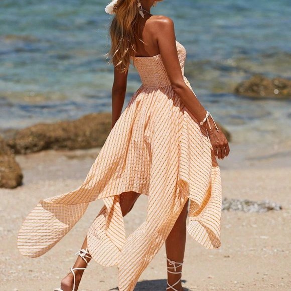 Coral Orange Womens Plaid Knot Front Asymmetrical Hem Tube Dress - Picture 4 of 5